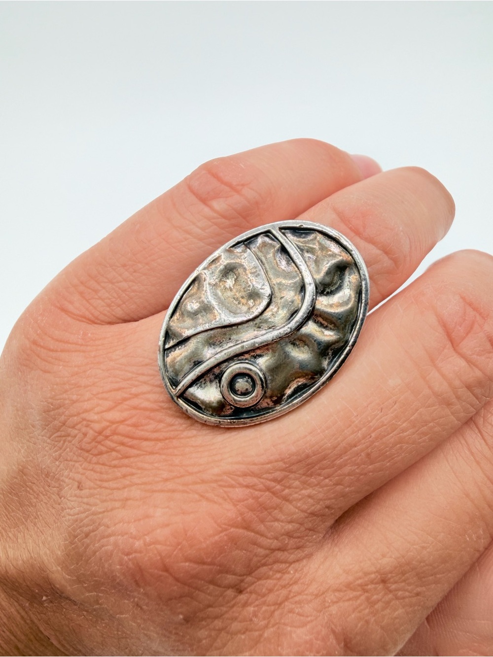 Vintage Artisan Abstract Silver Tone Statement Ring Modernist